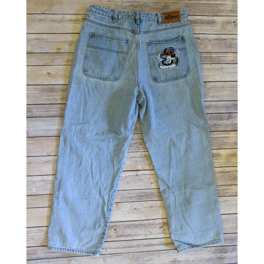 Butter Goods Baggy Fit Jeans Mens 32 x 27 Light Blue Embroidered Wide Leg Skate